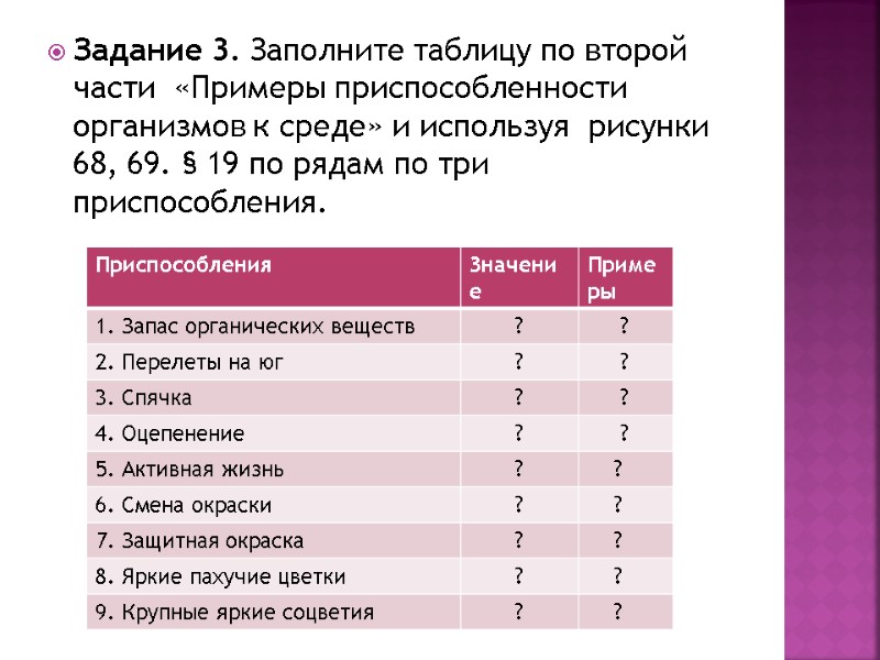 Задание 3. Заполните таблицу по второй части  «Примеры приспособленности организмов к среде» и